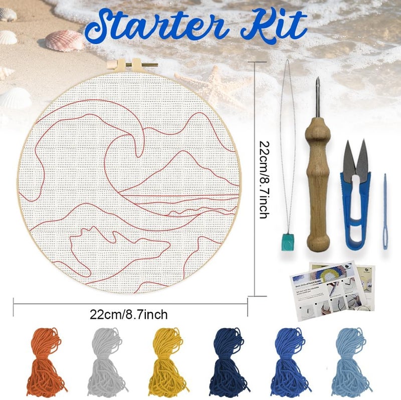 ORIGACH 2 Set Embroidery Punch Needle Kit for Adults Beginners DIY Kanagawa Wave Punch Stitching Kit for Art Crafts & Home Decor Easy Needle Punching Project with 7.9inch Hoop, Patterns, Yarns, Tools - Image 2